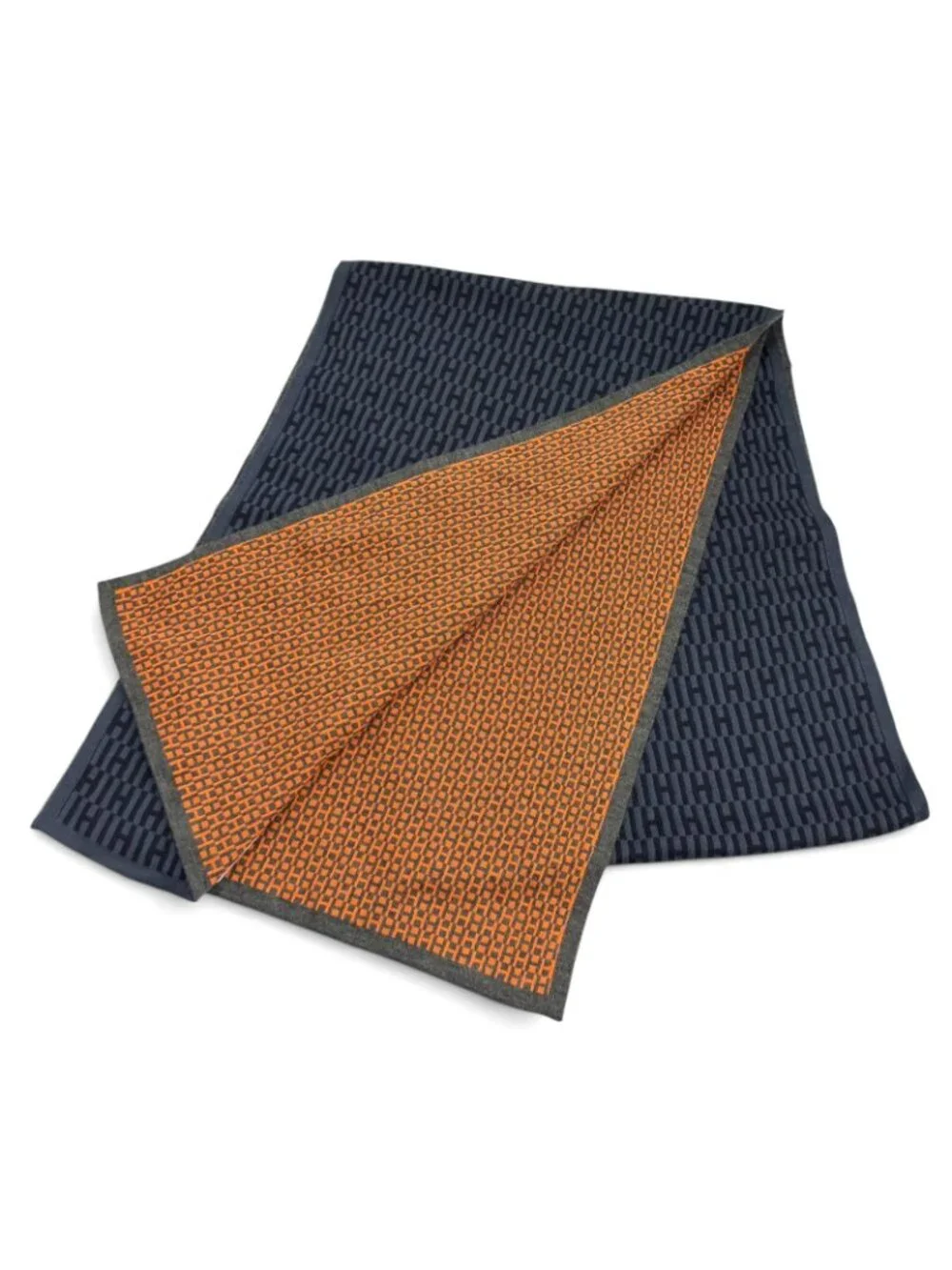 Hermes Cashmere Silk Blend Logo All Over Pattern Shawl Scarf Navy Orange